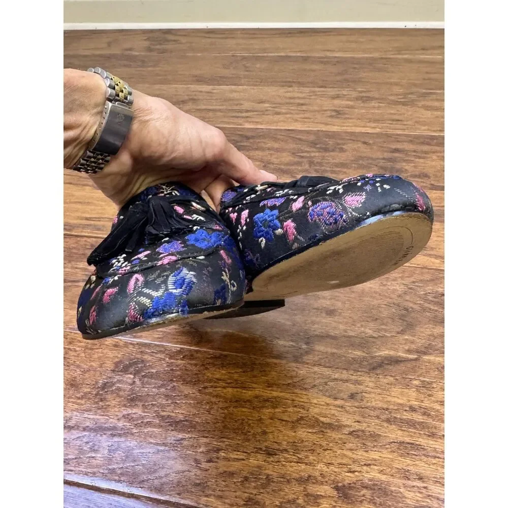 GIANNI BINI Brewsten Floral Brocade Fabric Tassel Mule Loafer, Black, Sz 10M